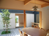 ダイニングと中庭/オープンに開く大型の木製建具により、中庭と一体化します。